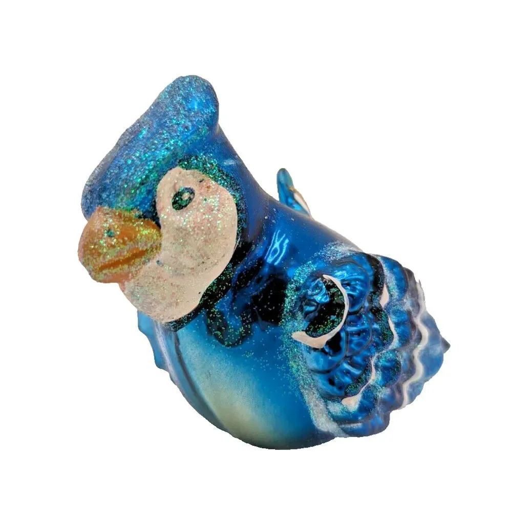 Blue‎ Bird Ornament w/Feathers Blown Glass Decorative